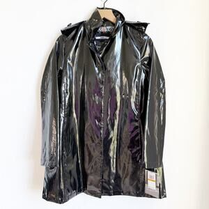 NWT Jane Post Black Snap Front Detachable Hood Iconic Raincoat Black Small